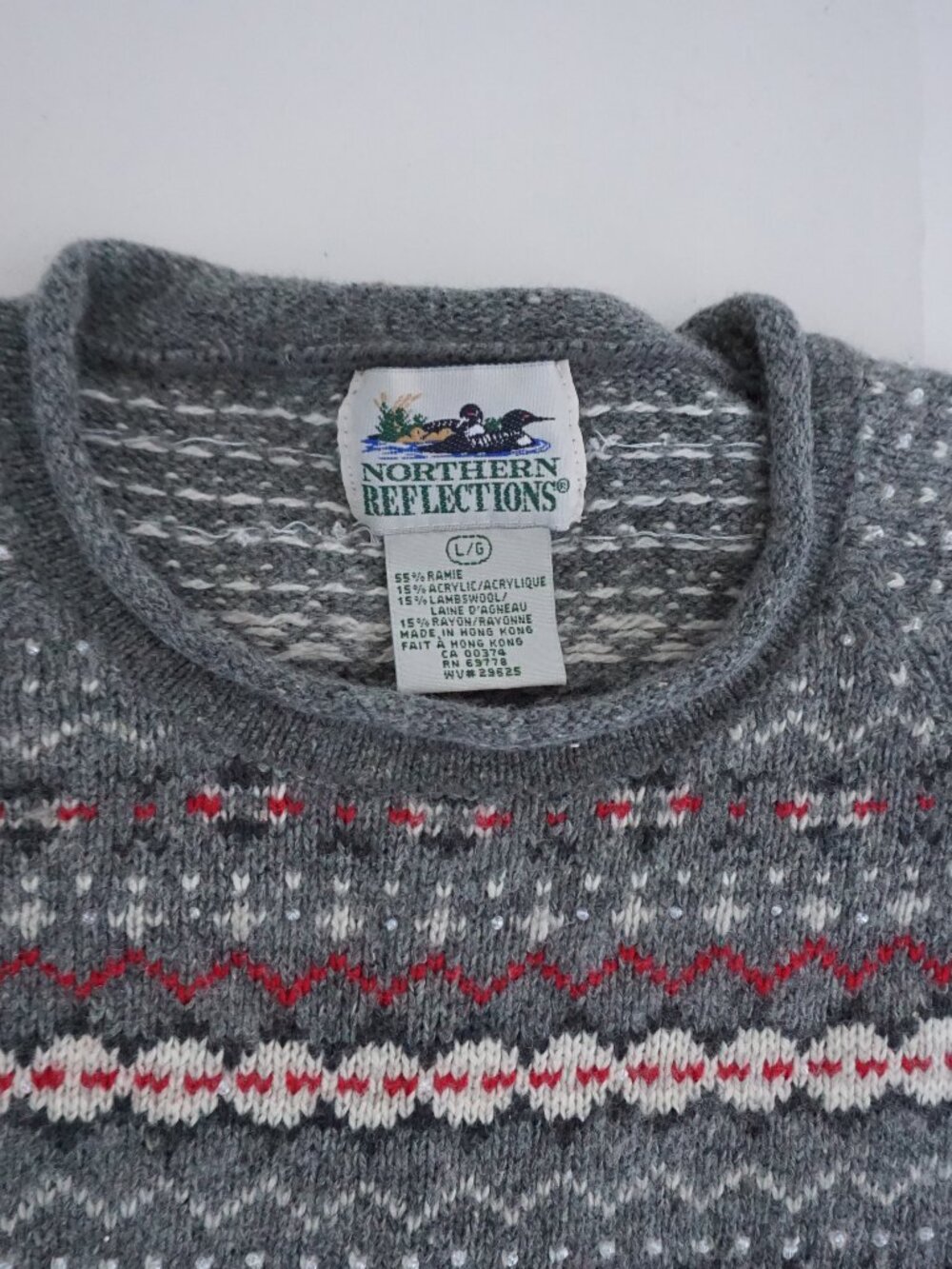 Vintage Northern Reflections Grey Fair Isle Knit Sweater Red White Nordic Wool L - Picture 9 of 9